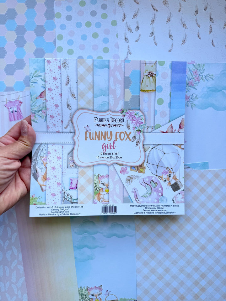 Funny Fox Girl Scrapbook Paper 8x8, 10 Double Sided Sheets, Cute Fox Paper, Baby Girl Album, Junk Journal, Card Making