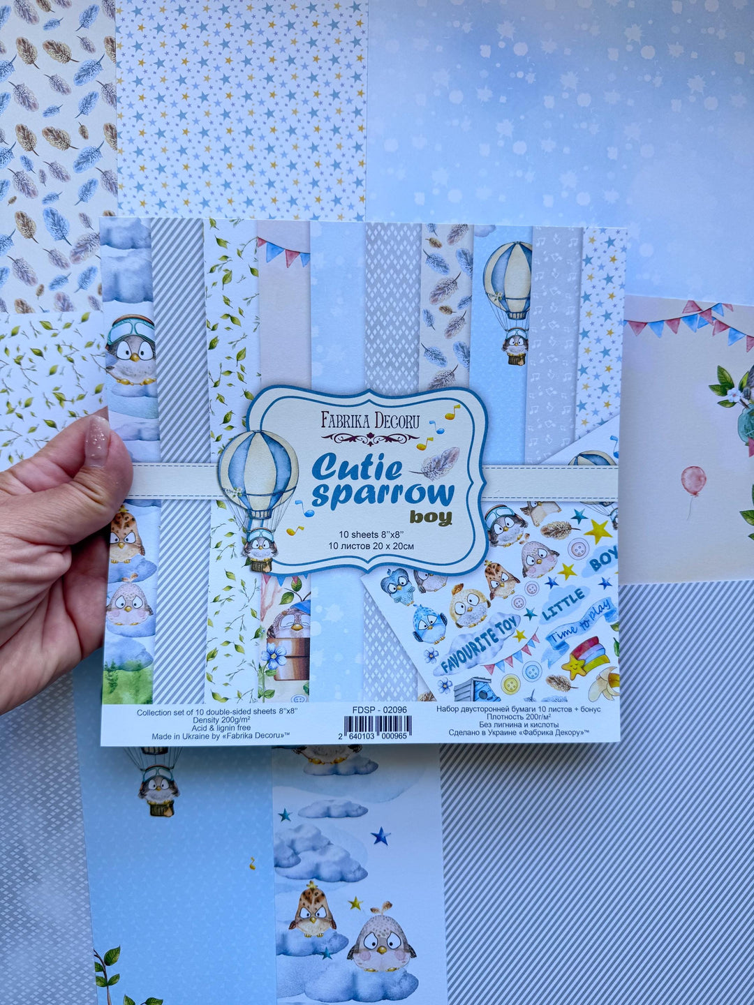 Cutie Sparrow Boy Scrapbook Paper 8x8 Inch, 10 Double Sided Sheets, Baby Boy Craft Paper, Card Making, Junk Journal Supplies