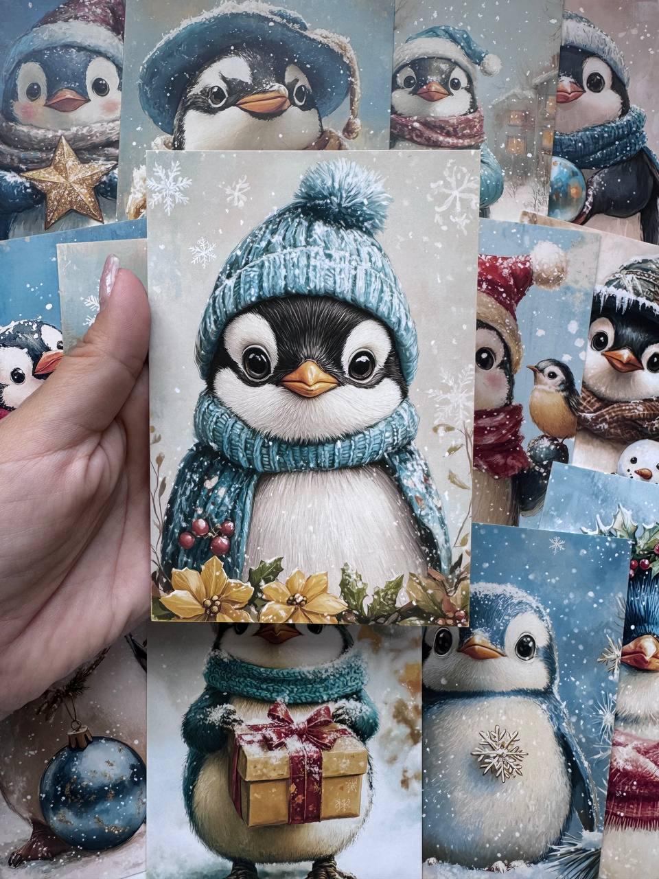 Set of 20 Christmas Penguin Postcards 14.5 x 10 cm, Cute Winter Bird Cards, Holiday Ephemera, Junk Journal Scrapbooking Supplies