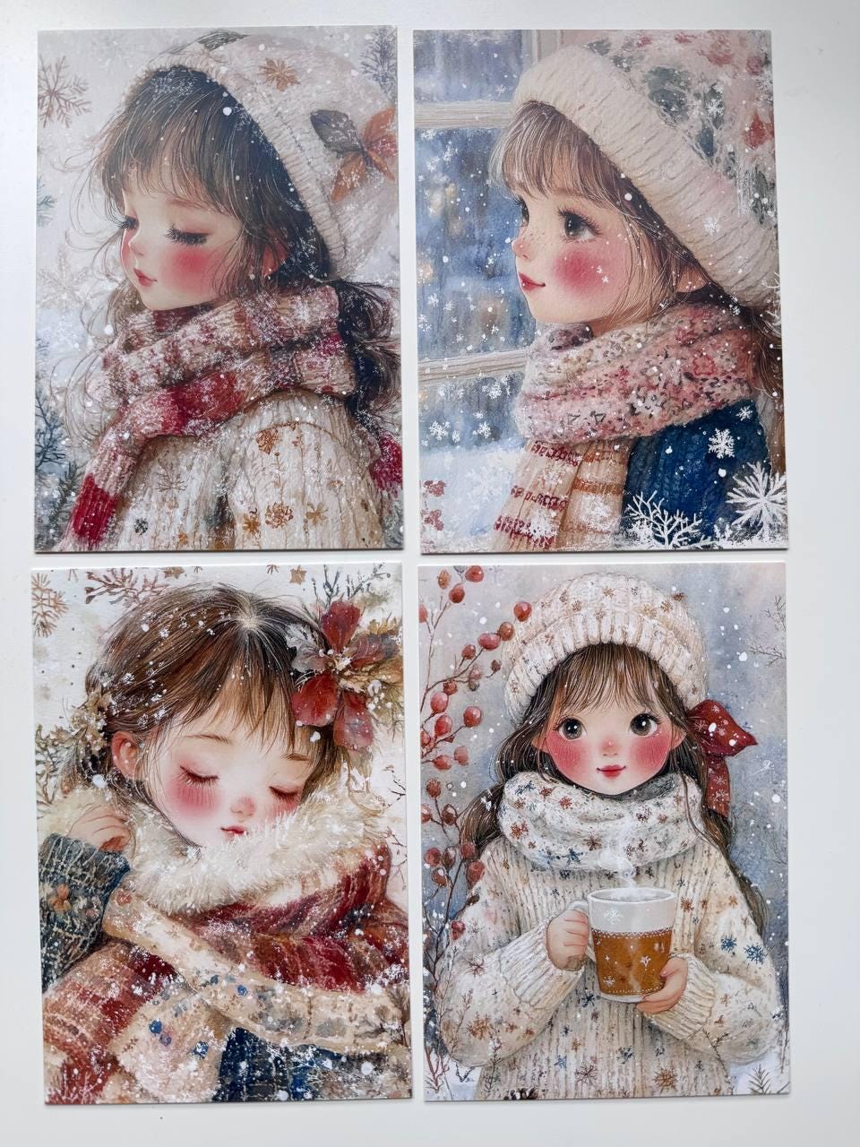 Set of 20 Winter Girl Postcards 14.5 x 10 cm, Cute Snowy Illustration Cards, Christmas Ephemera, Junk Journal Supplies