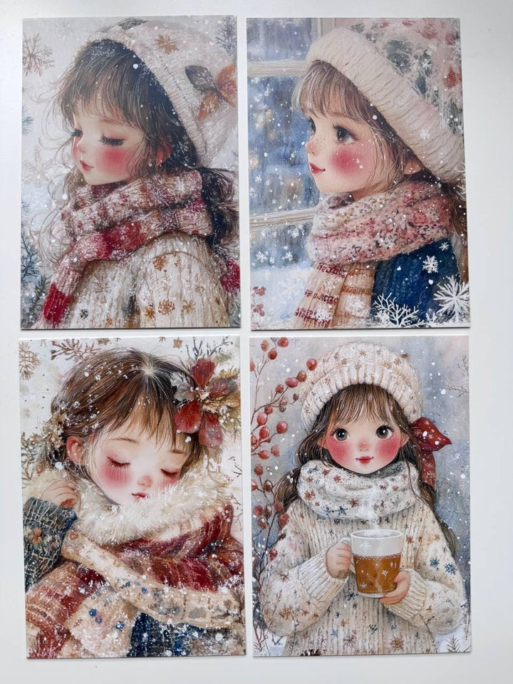 Set of 20 Winter Girl Postcards 14.5 x 10 cm, Cute Snowy Illustration Cards, Christmas Ephemera, Junk Journal Supplies