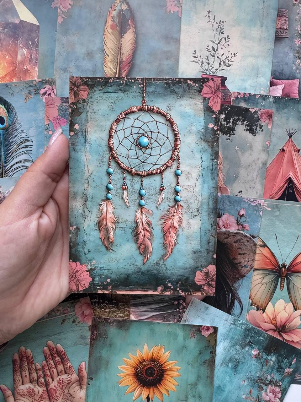 Set of 20 Boho Postcards 14.5 x 10 cm, Spiritual Bohemian Art Cards, Pink Teal Ephemera, Junk Journal Scrapbooking Supplies