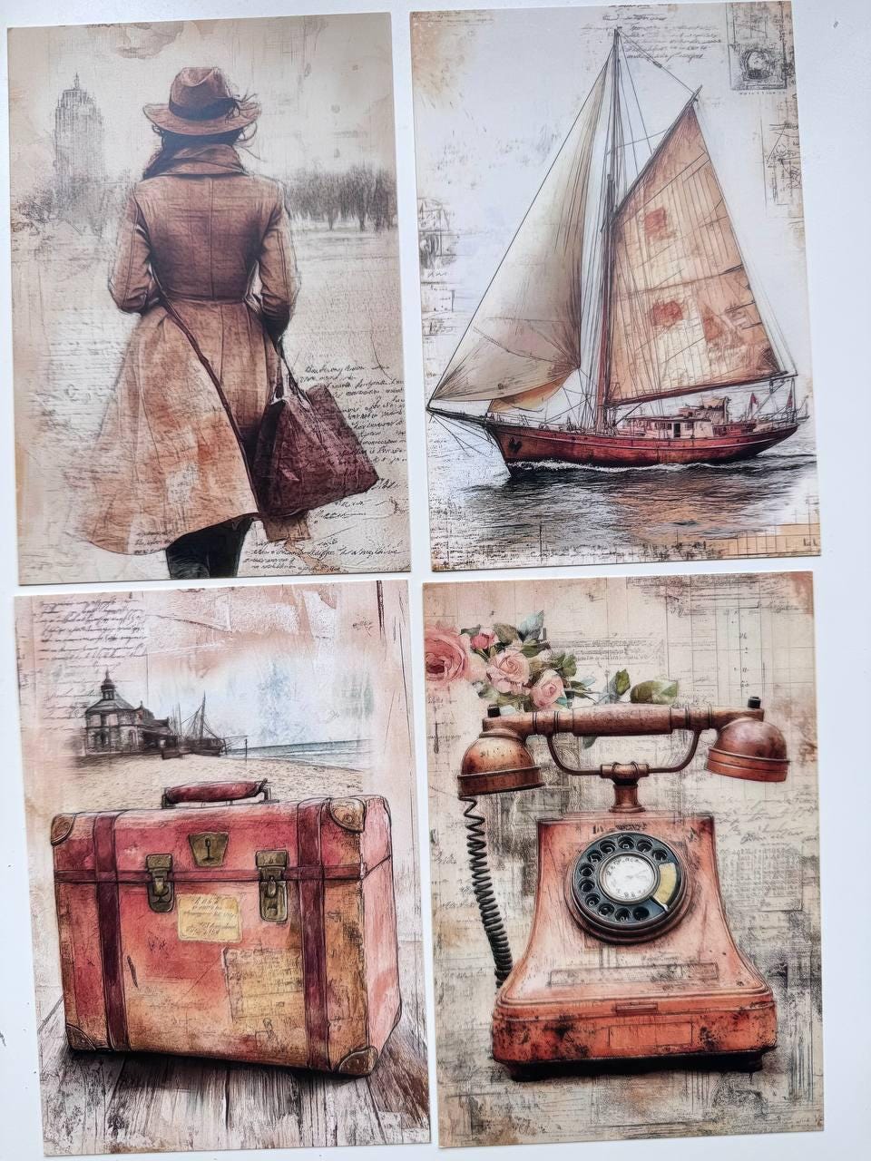 Set of 20 Vintage Style Postcards 14.5x10 cm, Travel & Nostalgic Illustrations, Junk Journal Ephemera, Scrapbooking Paper Supplies