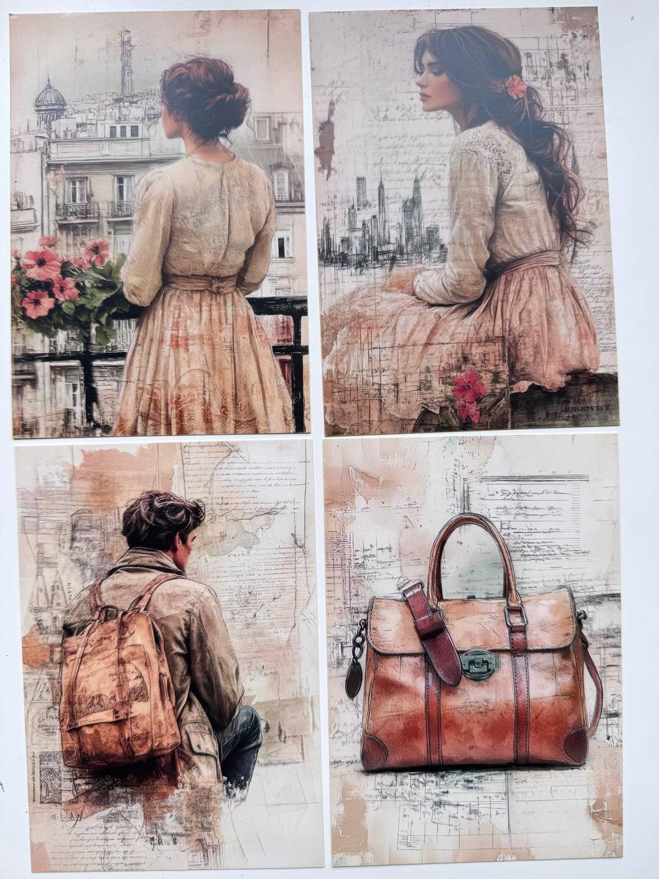 Set of 20 Vintage Style Postcards 14.5x10 cm, Travel & Nostalgic Illustrations, Junk Journal Ephemera, Scrapbooking Paper Supplies