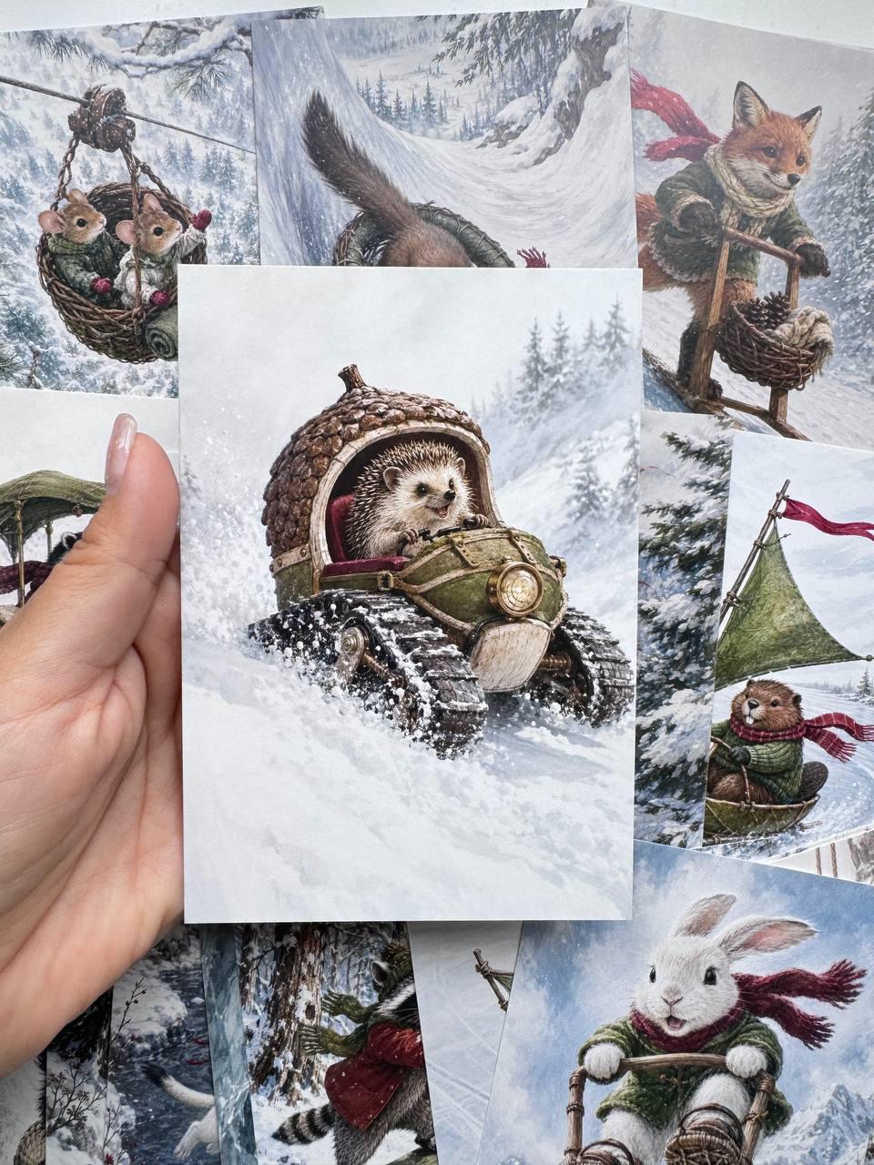 Set of 20 Whimsical Winter Animal Postcards 14.5x10 cm, Woodland Adventure Cards, Fox Rabbit Hedgehog, Junk Journal Scrapbook Ephemera