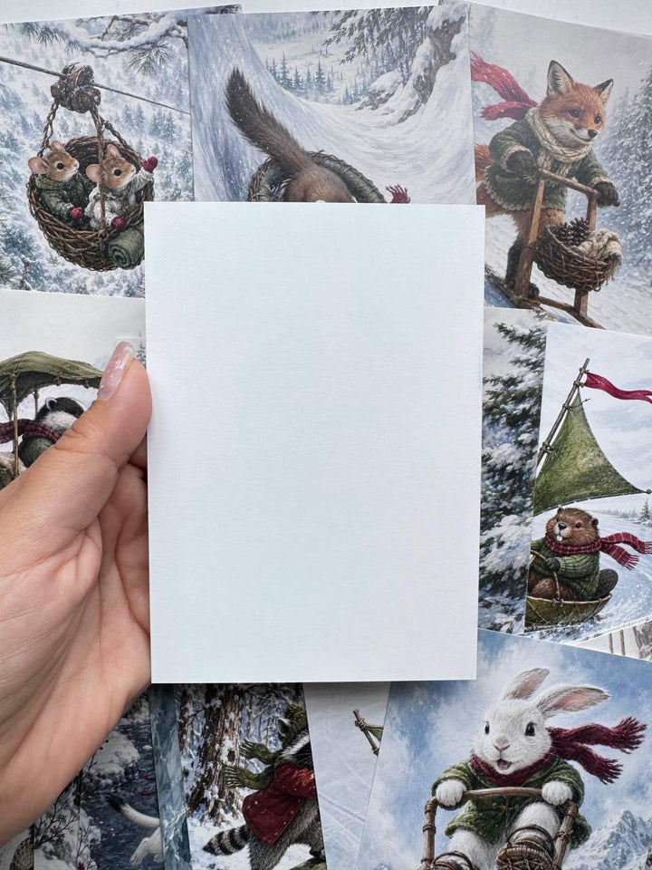 Set of 20 Whimsical Winter Animal Postcards 14.5x10 cm, Woodland Adventure Cards, Fox Rabbit Hedgehog, Junk Journal Scrapbook Ephemera