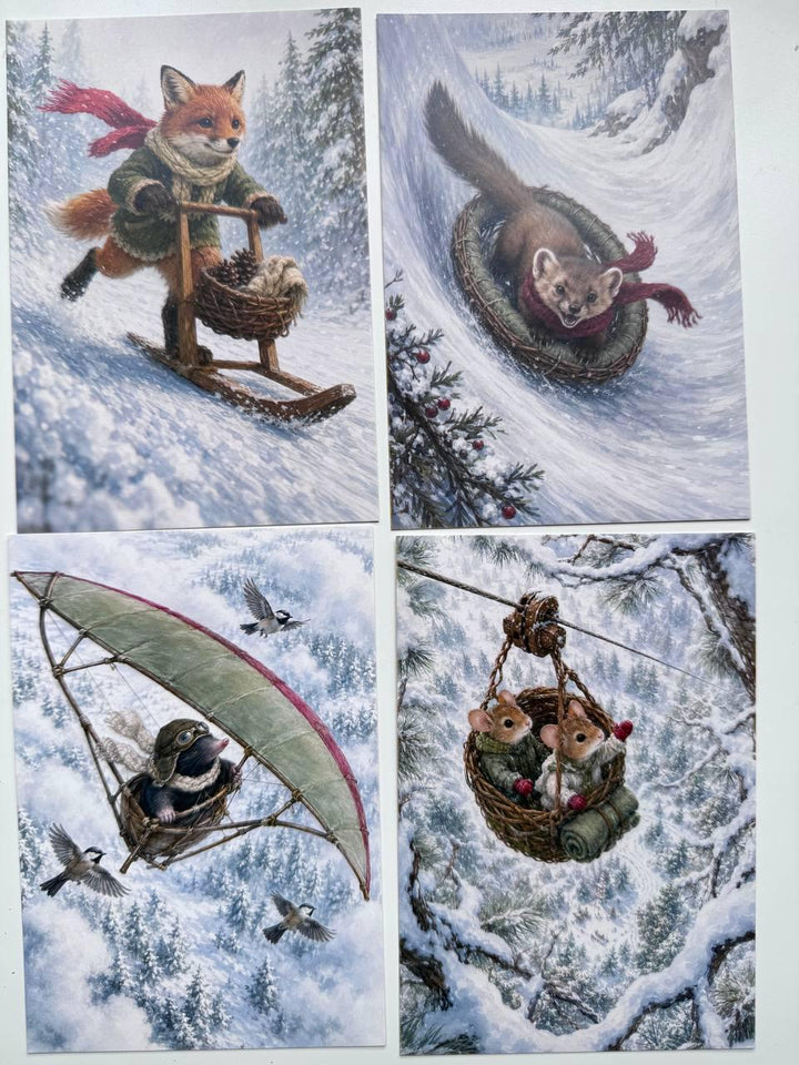 Set of 20 Whimsical Winter Animal Postcards 14.5x10 cm, Woodland Adventure Cards, Fox Rabbit Hedgehog, Junk Journal Scrapbook Ephemera