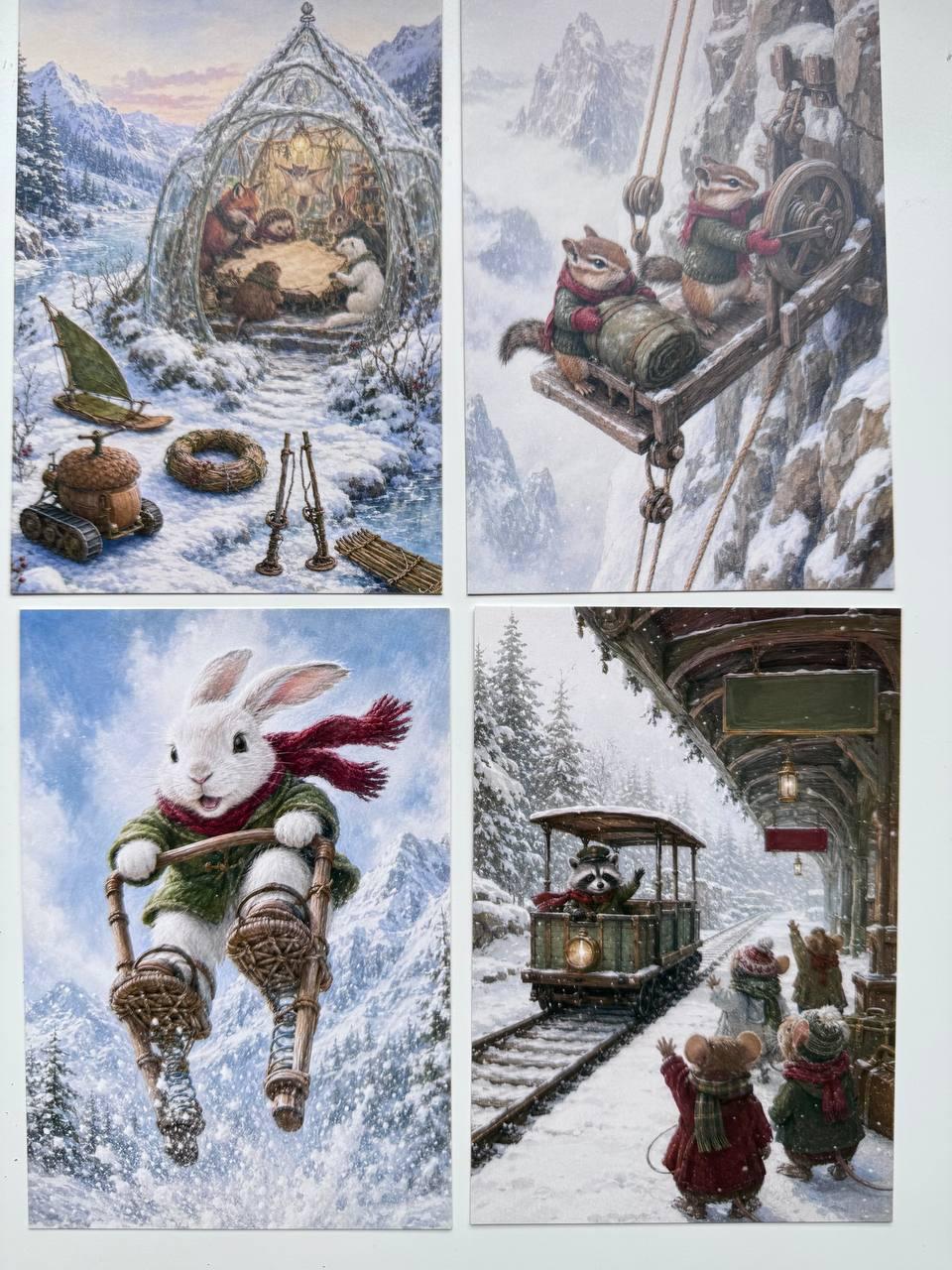 Set of 20 Whimsical Winter Animal Postcards 14.5x10 cm, Woodland Adventure Cards, Fox Rabbit Hedgehog, Junk Journal Scrapbook Ephemera