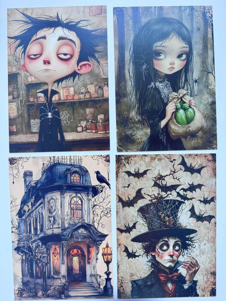 Set of 20 Gothic Halloween Postcards 14.5x10 cm, Spooky Illustration Cards, Ghost Witch Art, Dark Whimsical Ephemera Set