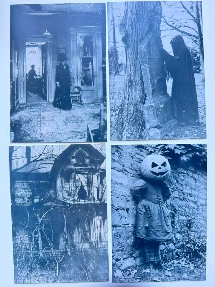 Set of 20 Vintage Halloween Postcards, Creepy Blue Gothic Photo Cards, Spooky Horror Ephemera, Junk Journal Cards 14.5x10 cm