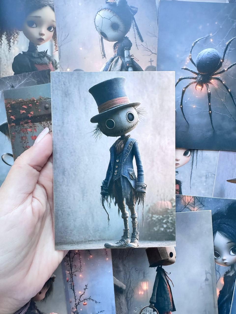 Set of 20 Halloween Postcards, Cute Spooky Gothic Art Cards, Whimsical Ghost & Doll Illustrations, Junk Journal Ephemera 14.5x10 cm