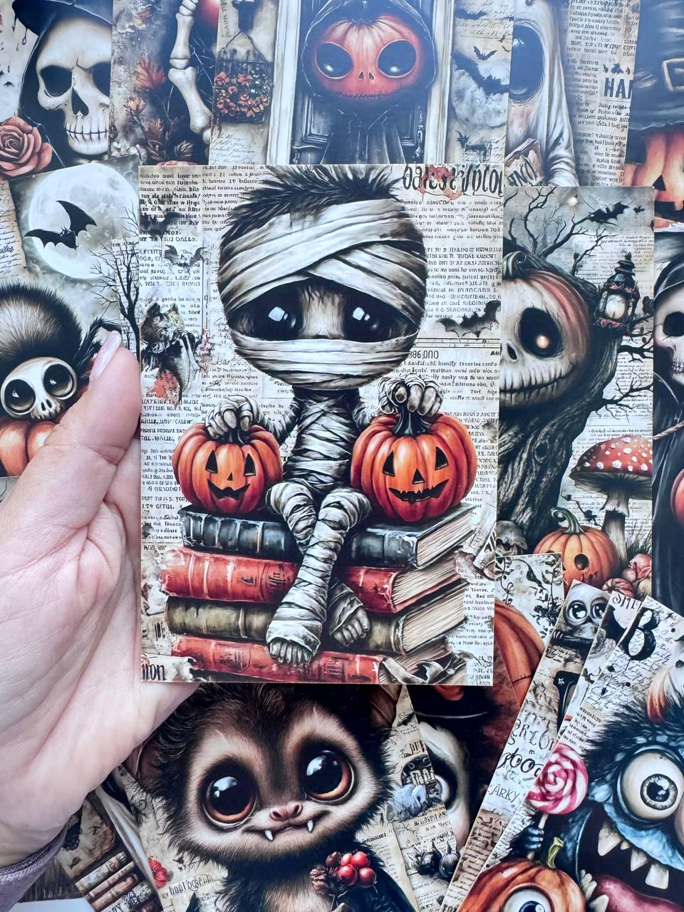 Set of 20 Halloween Postcards, Spooky Gothic Art Cards, Skeleton Ghost Pumpkin Illustrations, Junk Journal Ephemera, 14.5 x 10 cm