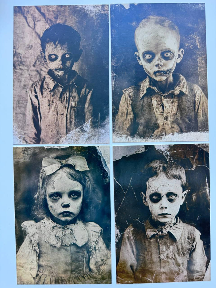 Set of 20 Creepy Halloween Postcards, Gothic Vintage Horror Art Cards, Spooky Children Illustrations, Blank Back, 14.5 x 10 cm
