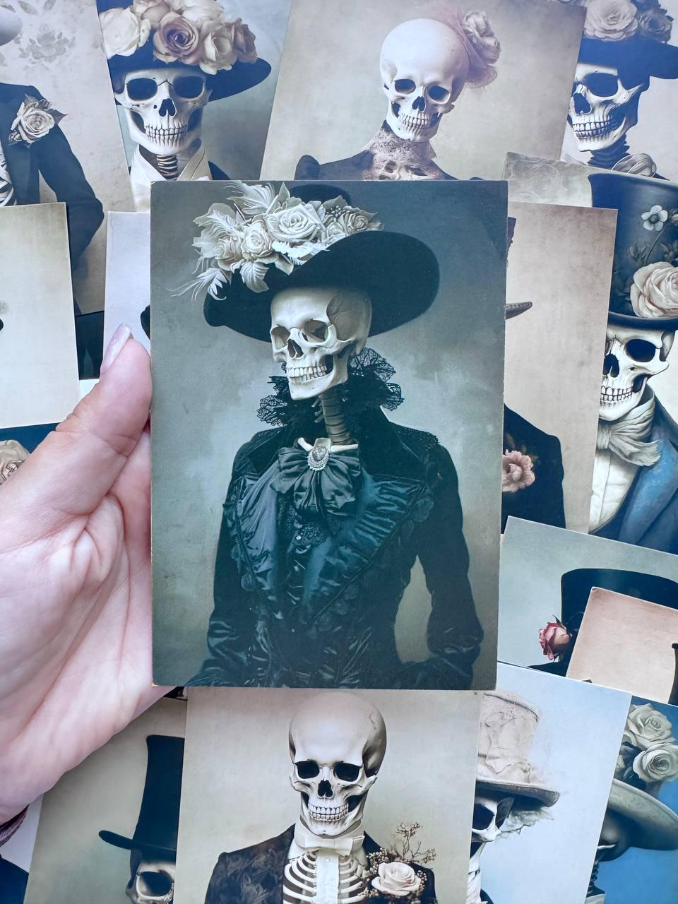 Set of 20 Gothic Skeleton Postcards, Victorian Skull Portrait Cards, Dark Halloween Ephemera, Vintage Horror Art, 14.5 x 10 cm