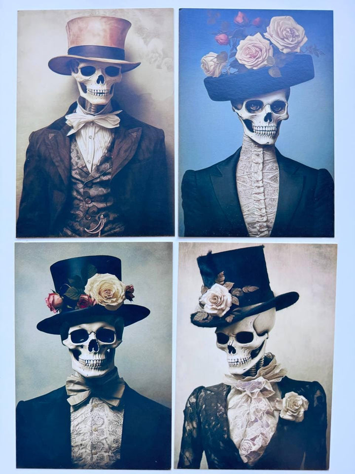 Set of 20 Gothic Skeleton Postcards, Victorian Skull Portrait Cards, Dark Halloween Ephemera, Vintage Horror Art, 14.5 x 10 cm