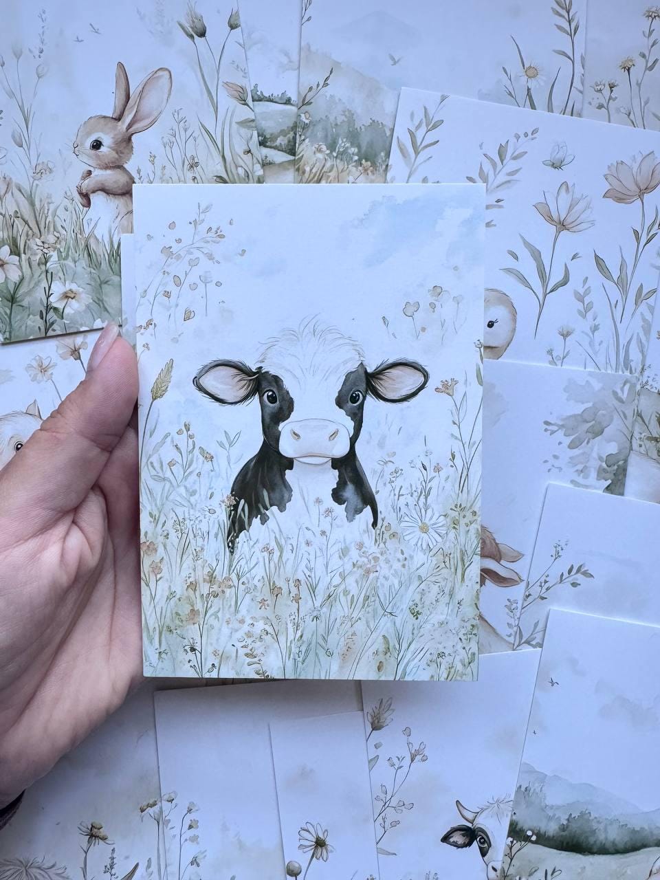 Set of 20 Farm Animal Postcards, Watercolor Bunny Cow Pig Sheep Duck Cards, Cottagecore Spring Prints, Junk Journal Ephemera
