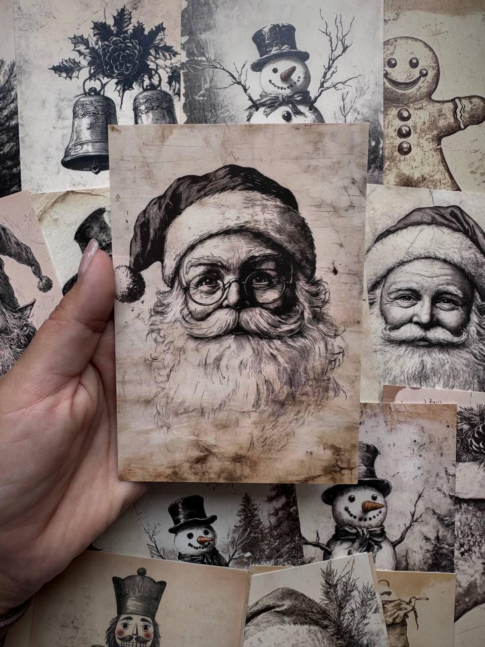 Set of 20 Vintage Christmas Postcards, Santa Claus Nutcracker Snowman Cards, Rustic Holiday Ephemera, Junk Journal Christmas Supplies