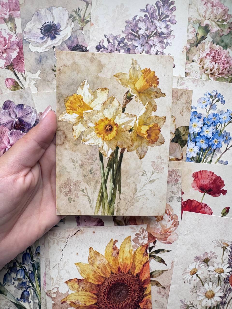 Set of 20 Vintage Floral Postcards, Watercolor Flower Cards, Botanical Ephemera, Junk Journal Supplies, Cottage Garden Scrapbooking
