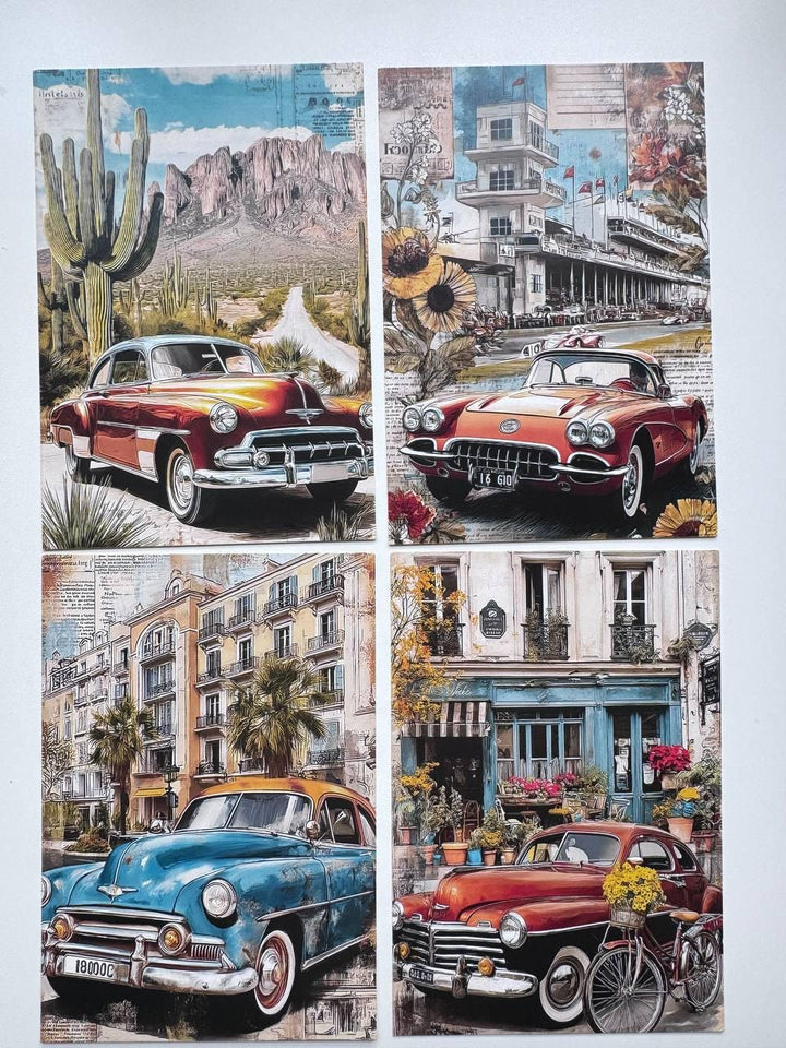Set of 20 Vintage Car Postcards, Retro Automobile & Travel Cards, Classic Cars, Junk Journal Ephemera, Scrapbooking, Collage Supplies