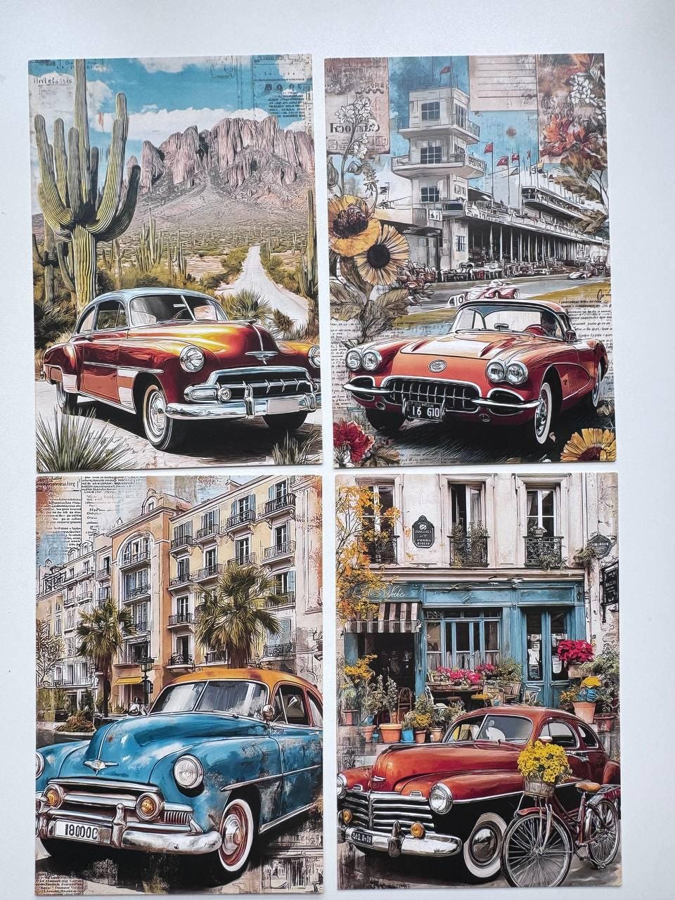 Set of 20 Vintage Car Postcards, Retro Automobile & Travel Cards, Classic Cars, Junk Journal Ephemera, Scrapbooking, Collage Supplies