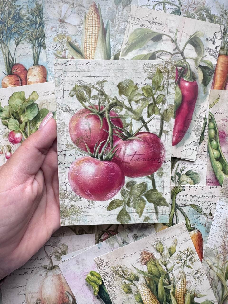 Set of 20 Vintage Vegetable Postcards, Botanical Garden Cards, Tomato Corn Carrot Pea Art, Junk Journal & Scrapbooking Ephemera