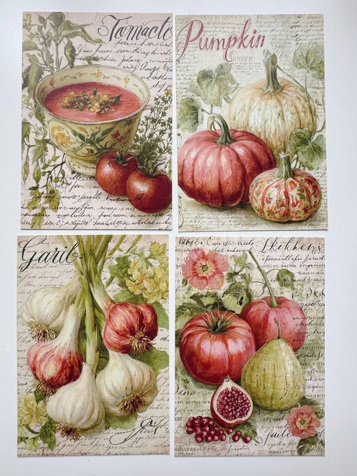 Set of 20 Vintage Fruit & Vegetable Postcards, Botanical Kitchen Cards, Rustic Food Ephemera, Junk Journal Scrapbooking, 14.5 x 10 cm