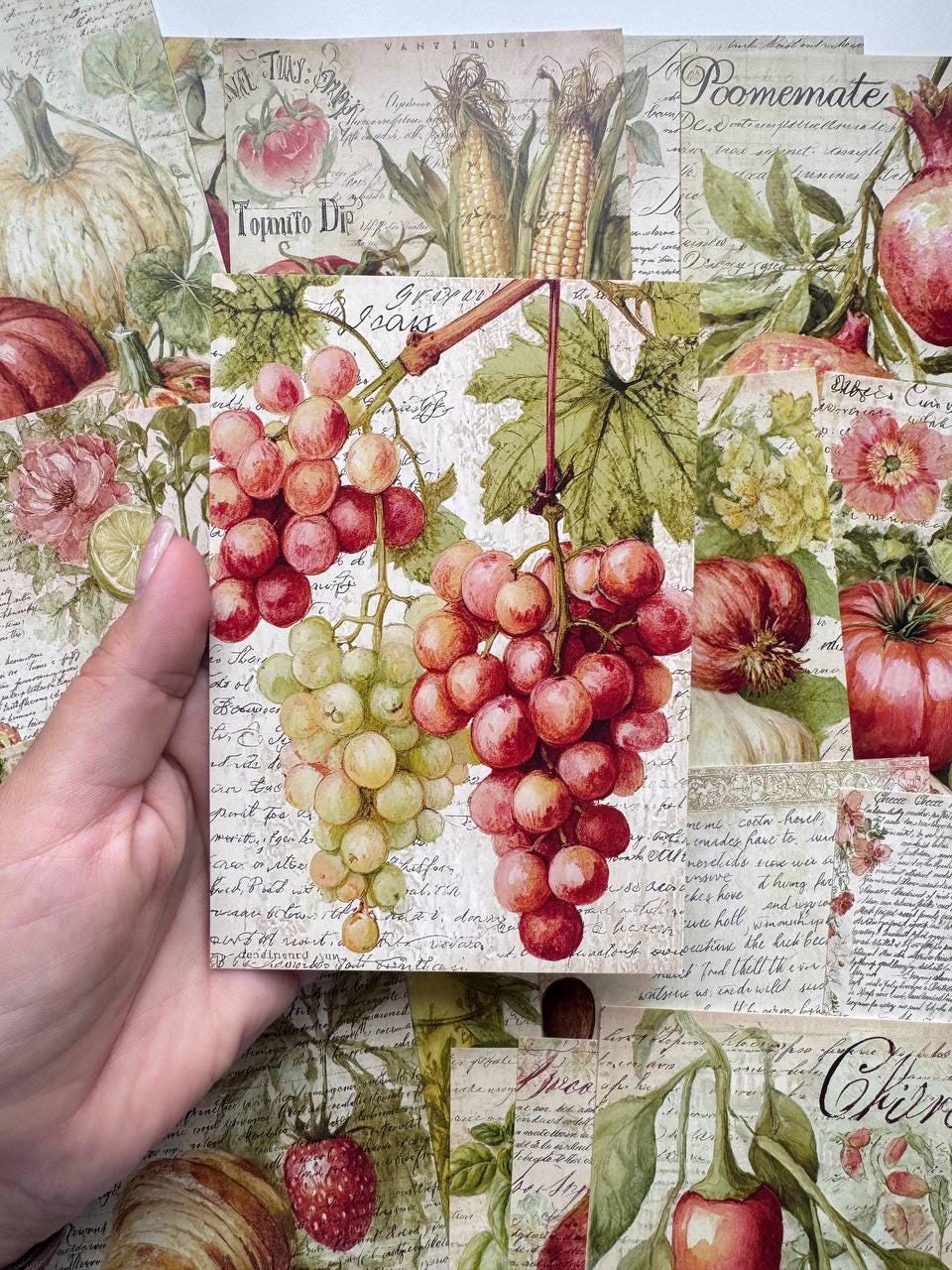 Set of 20 Vintage Fruit & Vegetable Postcards, Botanical Kitchen Cards, Rustic Food Ephemera, Junk Journal Scrapbooking, 14.5 x 10 cm