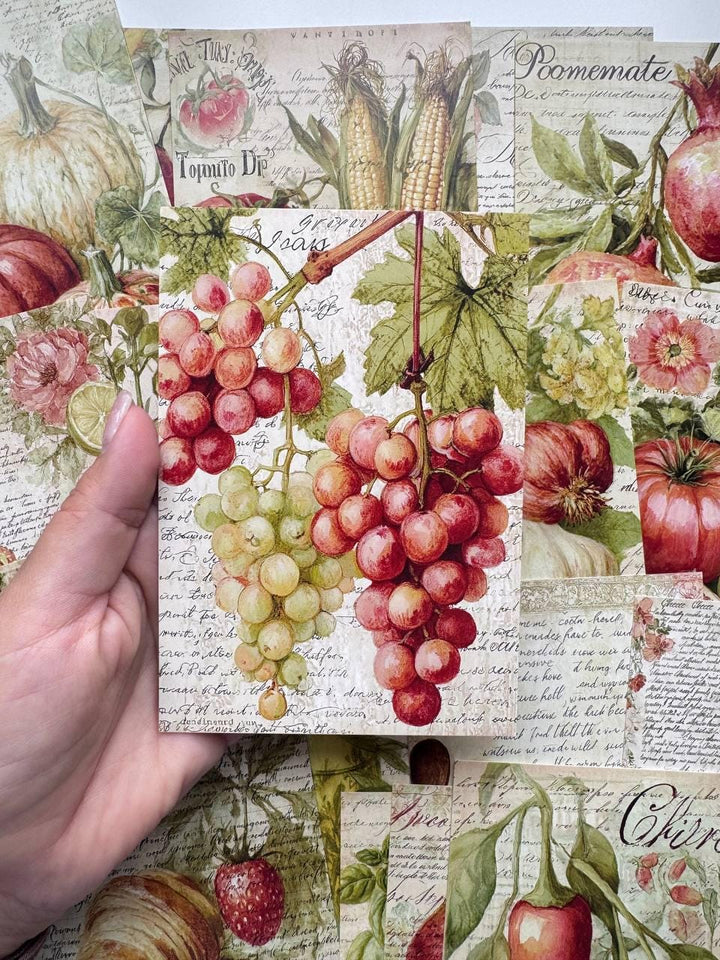 Set of 20 Vintage Fruit & Vegetable Postcards, Botanical Kitchen Cards, Rustic Food Ephemera, Junk Journal Scrapbooking, 14.5 x 10 cm