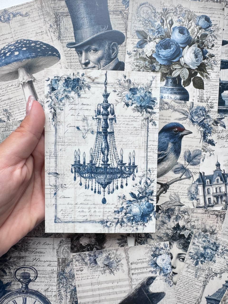 Set of 20 Blue Vintage Postcards, French Botanical Ephemera, Chandelier Roses Birds, Junk Journal Cards, Scrapbooking, 14.5 x 10 cm