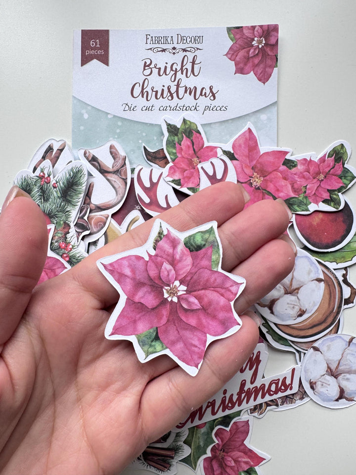 61 Christmas Die Cuts, Bright Christmas Ephemera, Poinsettia Deer Pinecones Cardstock Pieces, NOT Stickers, No Adhesive