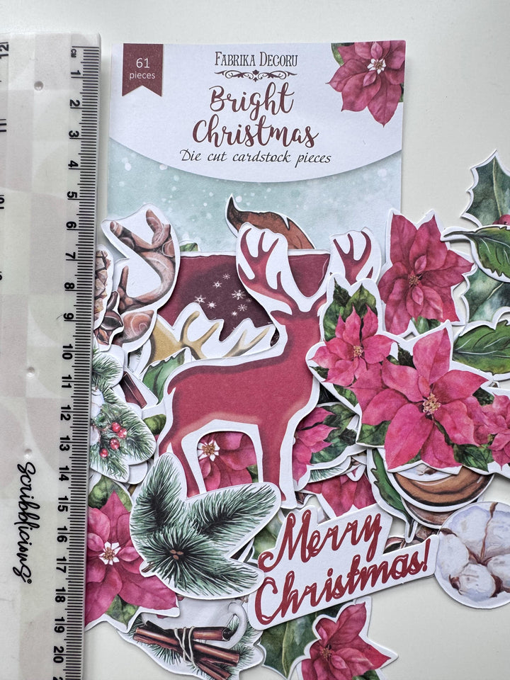 61 Christmas Die Cuts, Bright Christmas Ephemera, Poinsettia Deer Pinecones Cardstock Pieces, NOT Stickers, No Adhesive