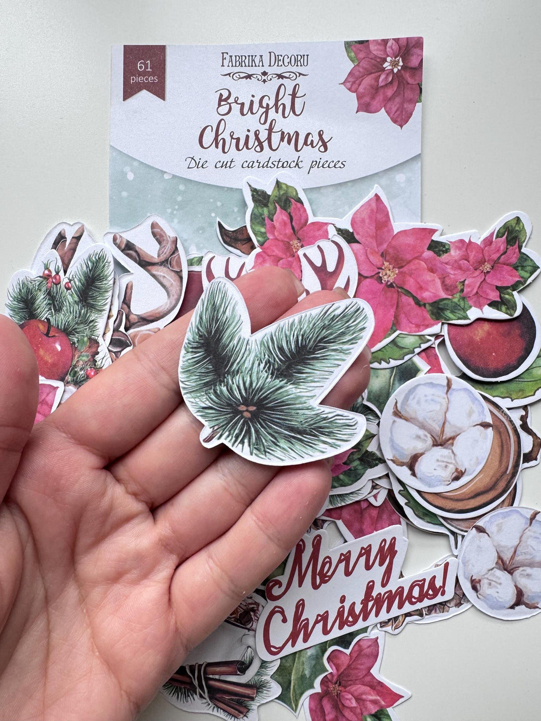61 Christmas Die Cuts, Bright Christmas Ephemera, Poinsettia Deer Pinecones Cardstock Pieces, NOT Stickers, No Adhesive