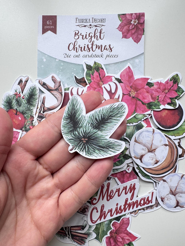 61 Christmas Die Cuts, Bright Christmas Ephemera, Poinsettia Deer Pinecones Cardstock Pieces, NOT Stickers, No Adhesive