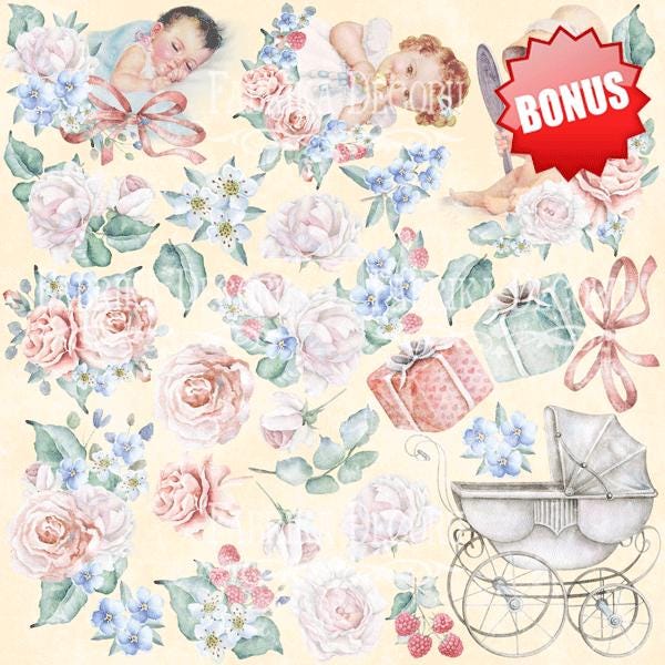 Shabby Baby Girl Scrapbook Paper 8x8 Inch, 10 Double Sided Sheets, Floral Baby Paper, Junk Journal, Card Making Supplies