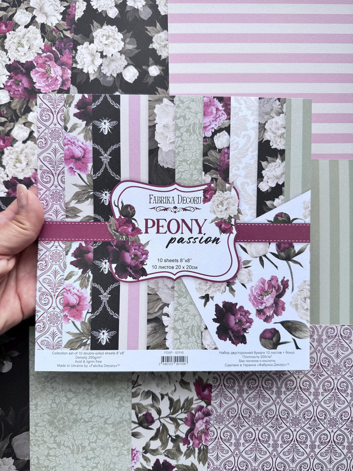 Peony Passion Scrapbook Paper 8x8, Floral Peony Paper, 10 Double Sided Sheets, Vintage Flowers, Junk Journal & Card Making