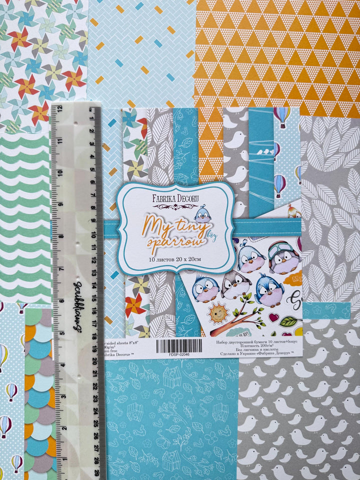 My Tiny Sparrow Boy Scrapbook Paper 8x8 Inch, 10 Double Sided Sheets, Baby Boy Craft Paper, Junk Journal, Card Making Supplies