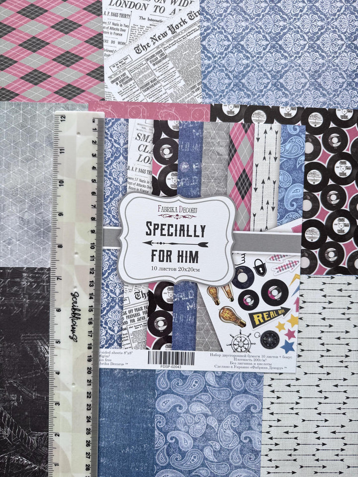 Specially for Him Scrapbook Paper 12x12 Inch, 10 Double Sided Sheets, Masculine Craft Paper, Junk Journal, Card Making Supplies