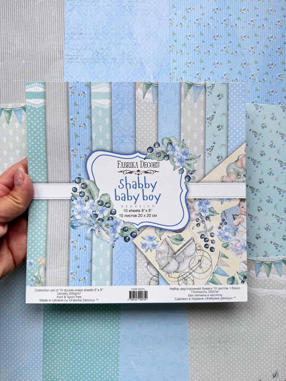 Shabby Baby Boy Scrapbook Paper 8x8 Inch, 10 Double Sided Sheets, Floral Baby Paper, Junk Journal, Card Making Supplies
