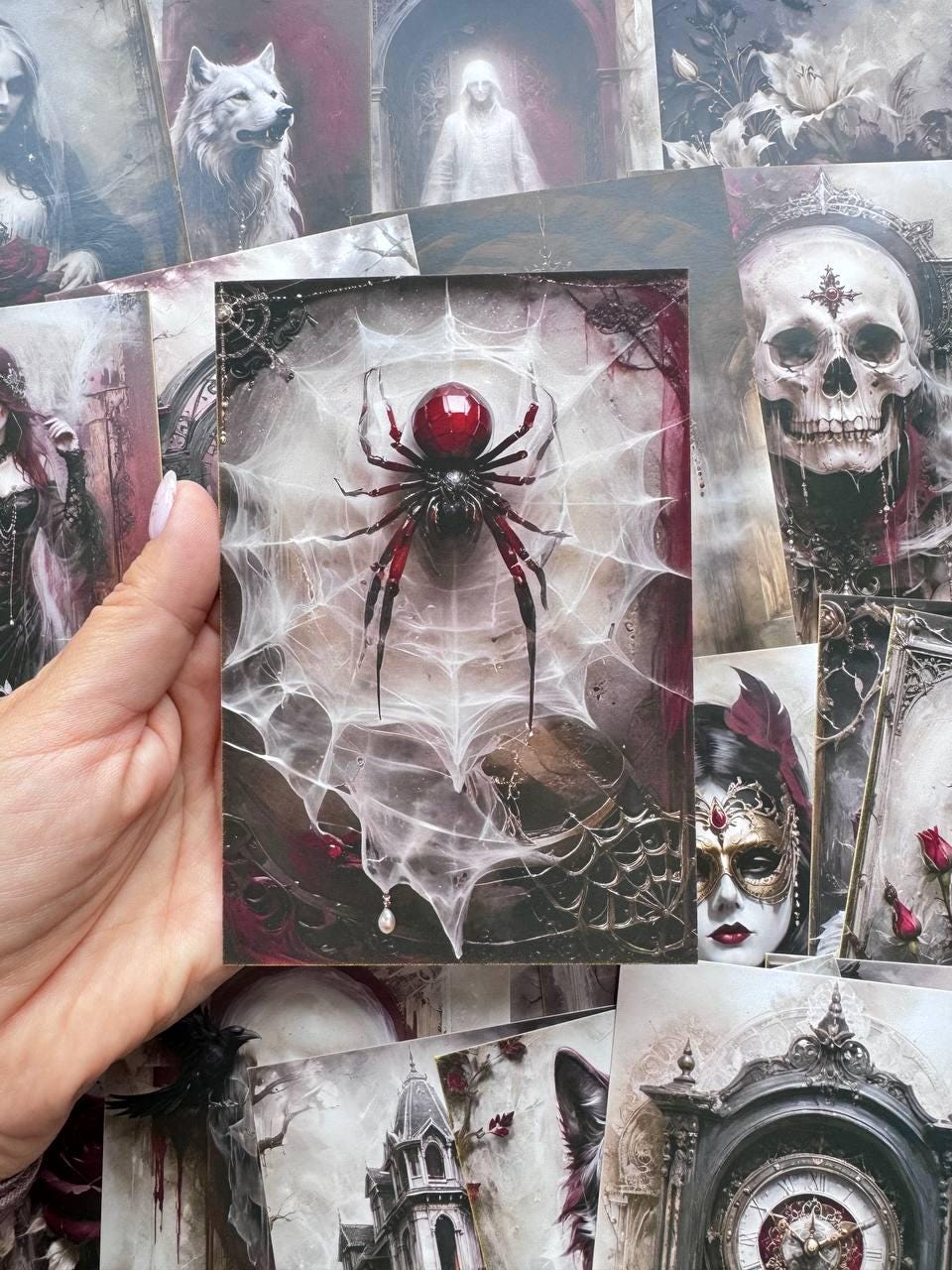 Set of 20 Gothic Postcards, Dark Romantic Art Cards, Spider Skull Wolf Rose Haunted House, Junk Journal Ephemera, 14.5 x 10 cm