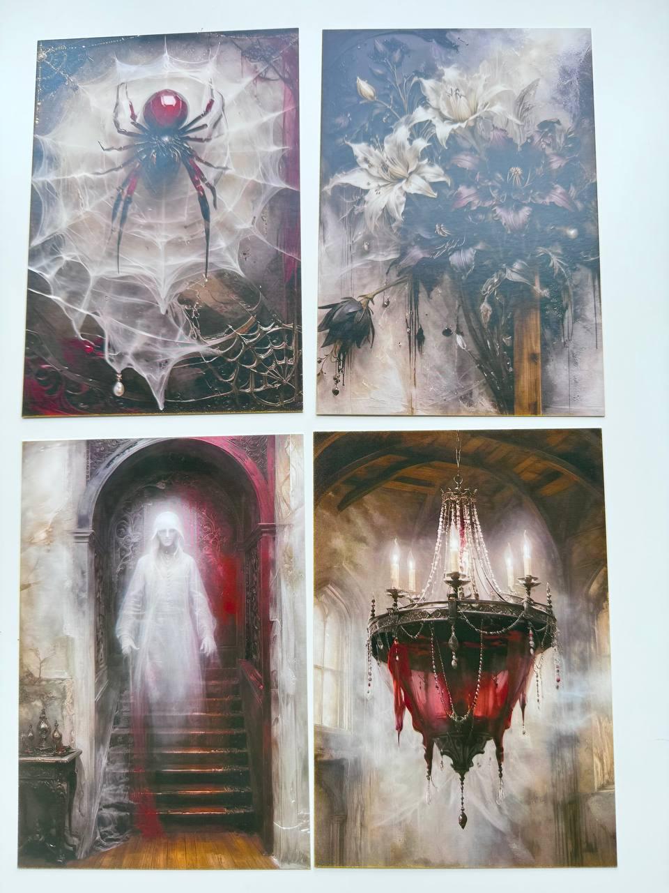Set of 20 Gothic Postcards, Dark Romantic Art Cards, Spider Skull Wolf Rose Haunted House, Junk Journal Ephemera, 14.5 x 10 cm
