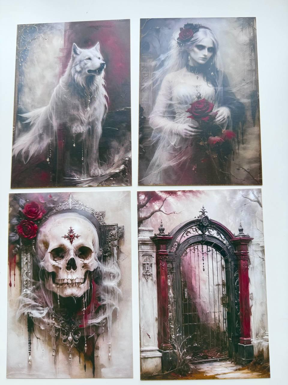 Set of 20 Gothic Postcards, Dark Romantic Art Cards, Spider Skull Wolf Rose Haunted House, Junk Journal Ephemera, 14.5 x 10 cm