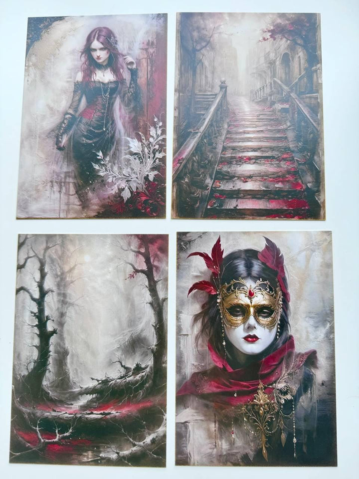 Set of 20 Gothic Postcards, Dark Romantic Art Cards, Spider Skull Wolf Rose Haunted House, Junk Journal Ephemera, 14.5 x 10 cm