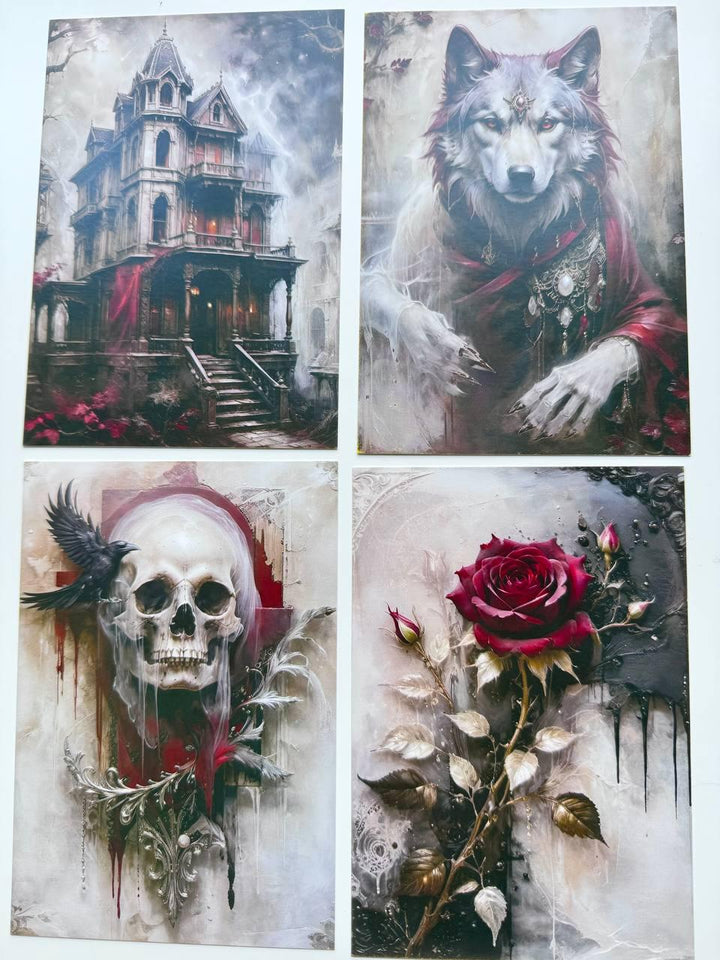 Set of 20 Gothic Postcards, Dark Romantic Art Cards, Spider Skull Wolf Rose Haunted House, Junk Journal Ephemera, 14.5 x 10 cm