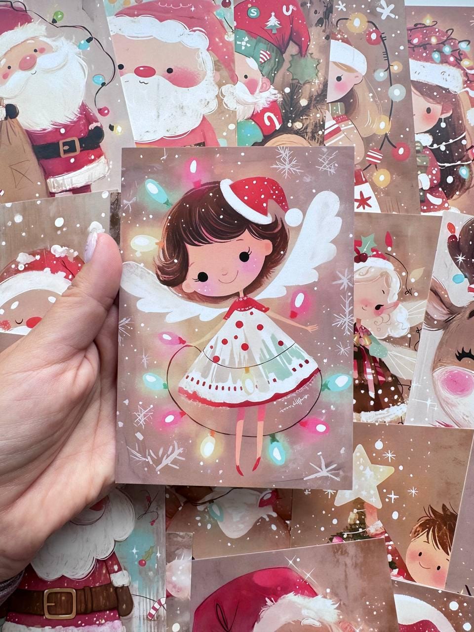 Set of 20 Cute Christmas Postcards, Santa Reindeer Snowman Angel Holiday Cards, Kawaii Christmas Junk Journal Ephemera, 14.5 x 10 cm