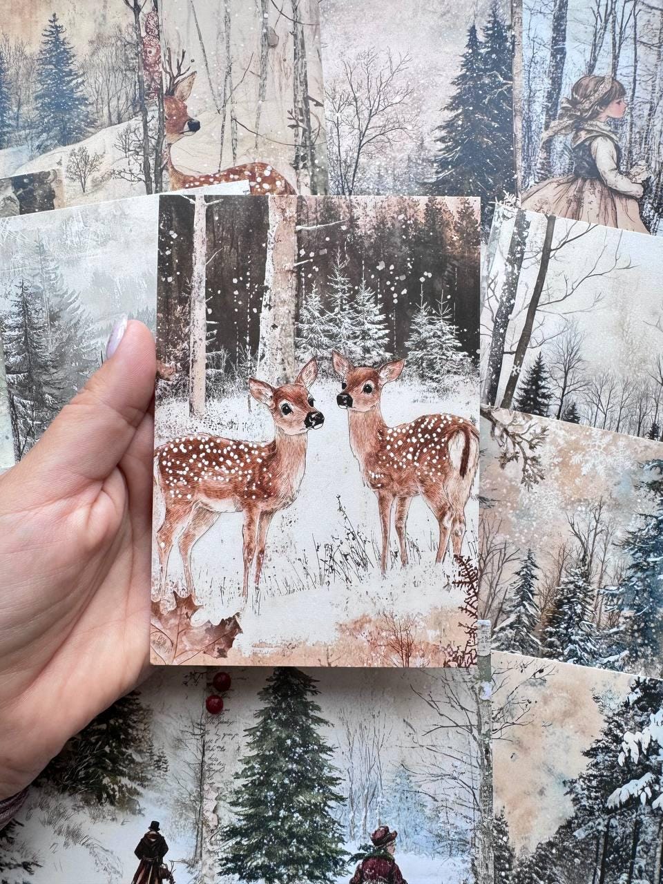 Set of 20 Winter Woodland Postcards, Snowy Forest Deer & Rabbit Cards, Vintage Winter Ephemera, Junk Journal Scrapbooking, 14.5 x 10 cm