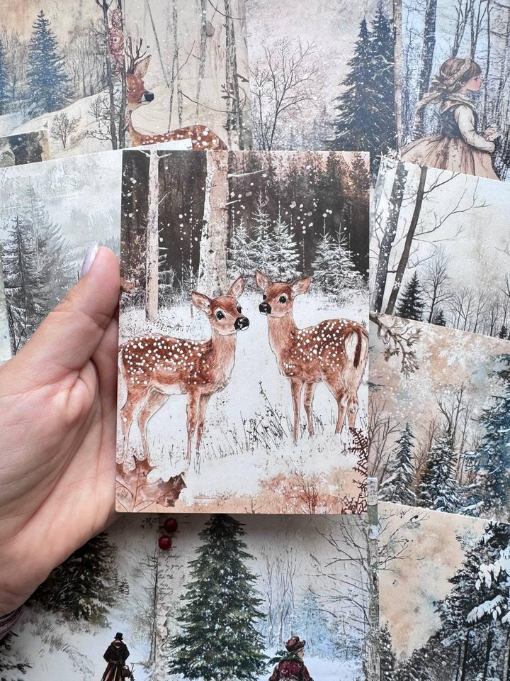Set of 20 Winter Woodland Postcards, Snowy Forest Deer & Rabbit Cards, Vintage Winter Ephemera, Junk Journal Scrapbooking, 14.5 x 10 cm