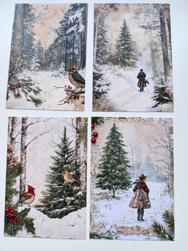 Set of 20 Winter Woodland Postcards, Snowy Forest Deer & Rabbit Cards, Vintage Winter Ephemera, Junk Journal Scrapbooking, 14.5 x 10 cm