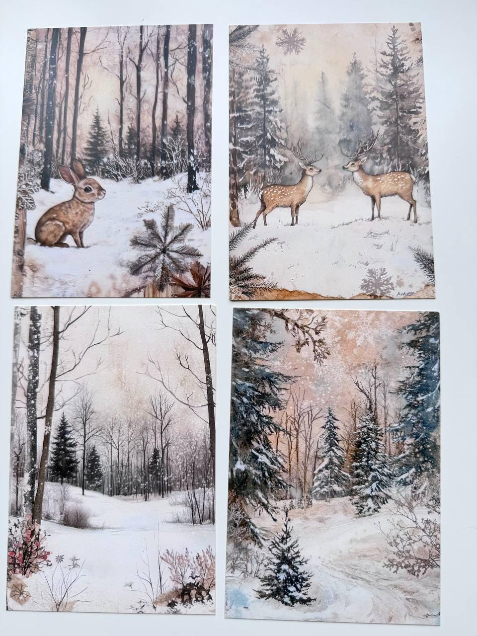Set of 20 Winter Woodland Postcards, Snowy Forest Deer & Rabbit Cards, Vintage Winter Ephemera, Junk Journal Scrapbooking, 14.5 x 10 cm