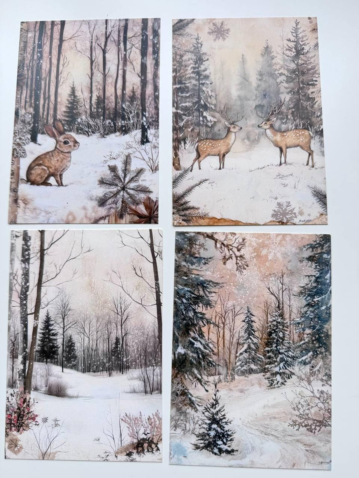 Set of 20 Winter Woodland Postcards, Snowy Forest Deer & Rabbit Cards, Vintage Winter Ephemera, Junk Journal Scrapbooking, 14.5 x 10 cm