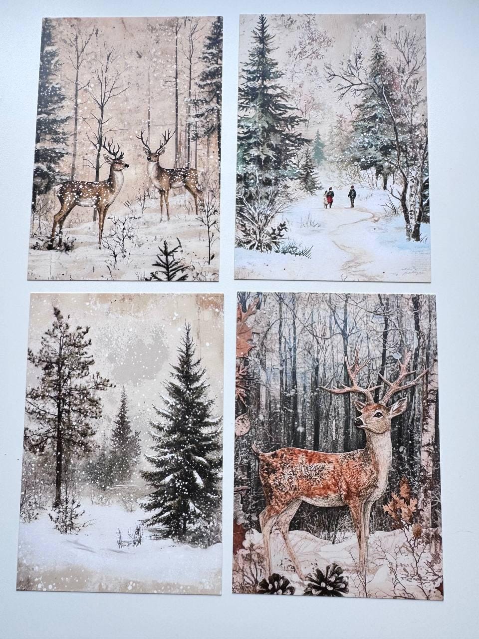 Set of 20 Winter Woodland Postcards, Snowy Forest Deer & Rabbit Cards, Vintage Winter Ephemera, Junk Journal Scrapbooking, 14.5 x 10 cm